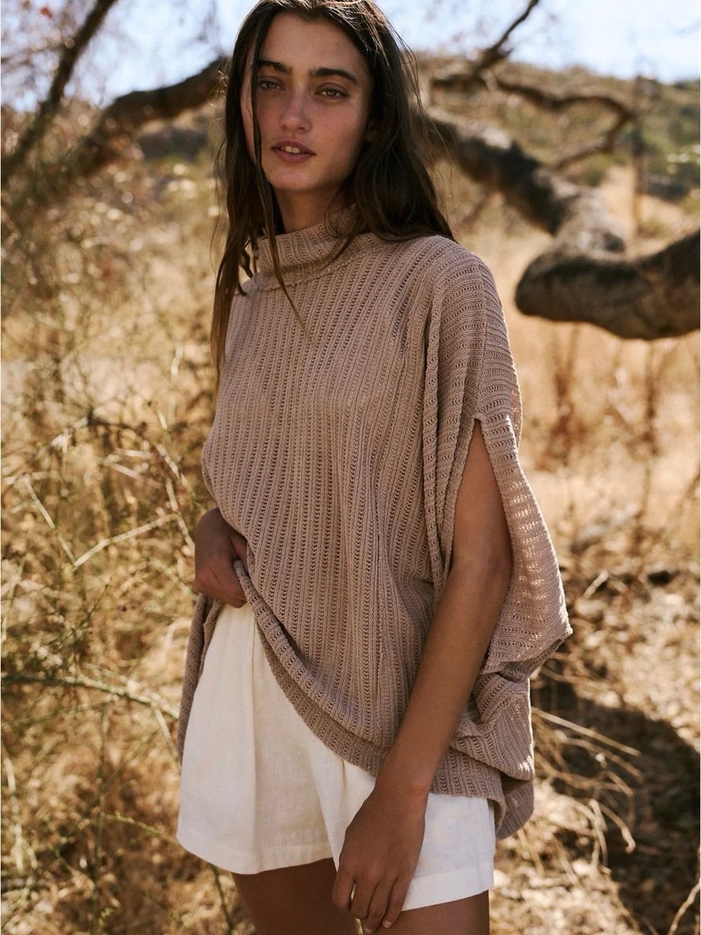 Free People Taupe Open-Sleeve Knit Poncho